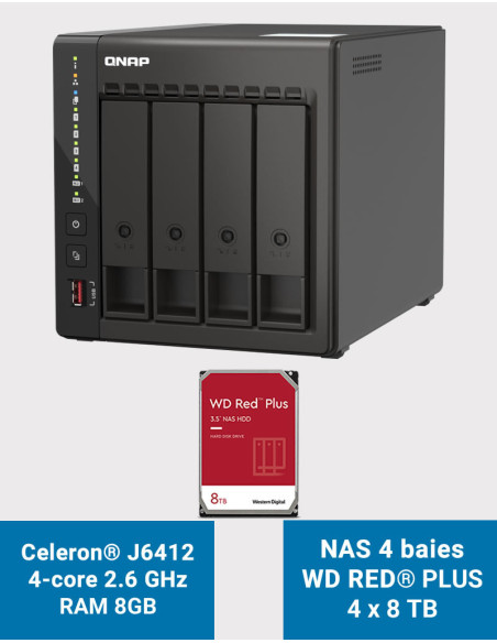 QNAP TS-453E 8GB Servidor NAS 4 bahías WD RED PLUS 32TB (4x8TB)
