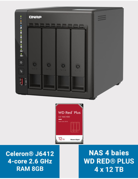 QNAP TS-453E 8GB NAS Server 4 bays WD RED PLUS 48TB (4x12TB)
