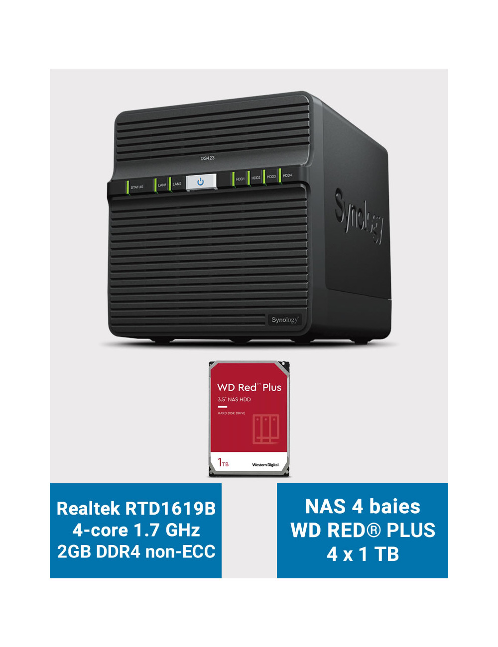Synology DS423 2GB Serveur NAS WD RED PLUS 4To (4x1To)