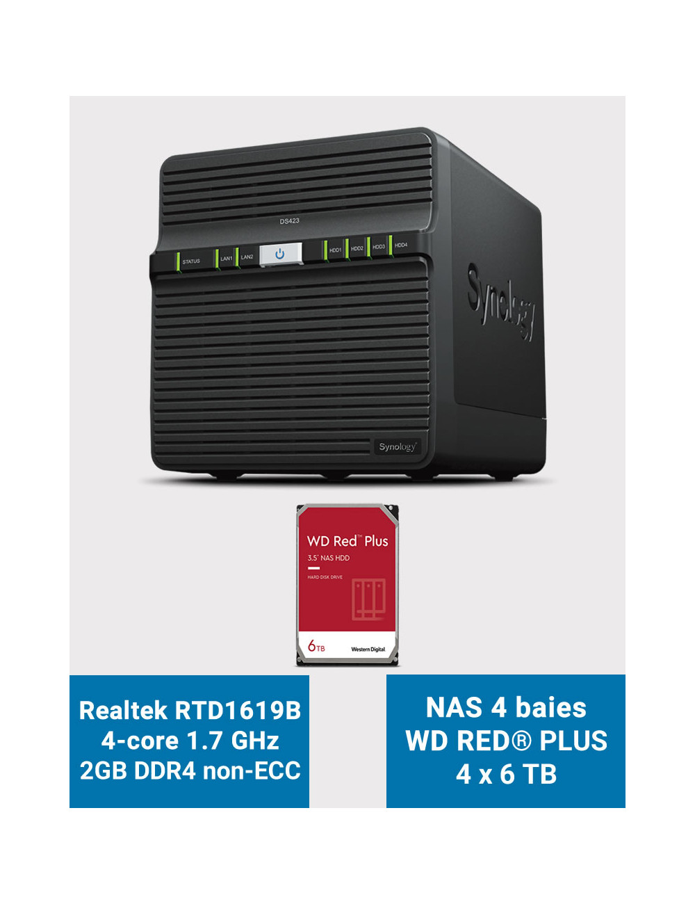 Synology DS423 2GB Serveur NAS WD RED PLUS 24To (4x6To)