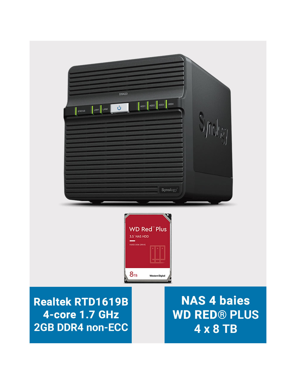 Synology DS423 2GB Serveur NAS WD RED PLUS 32To (4x8To)