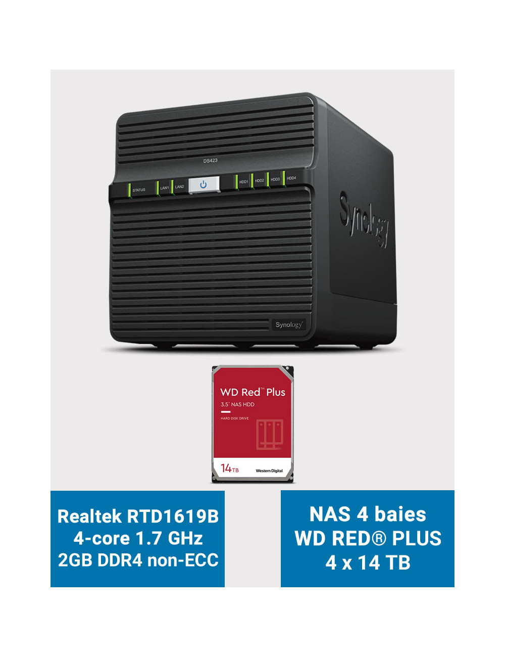Synology DS423 2GB Serveur NAS WD RED PLUS 56To (4x14To)