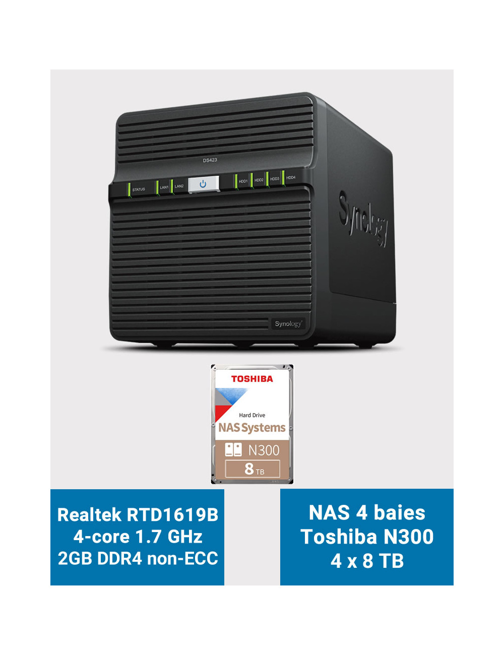 Synology DS423 2GB Servidor NAS Toshiba N300 32TB (4x8TB)