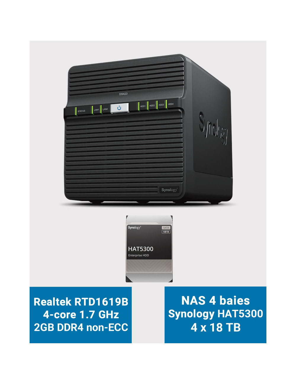 Synology DS423 2GB Serveur NAS HAT5300 72To (4x18To)
