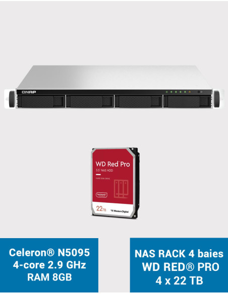QNAP TS-464U 8GB 1U Rack 4-Bay NAS Server WD RED PRO 88TB (4x22TB)