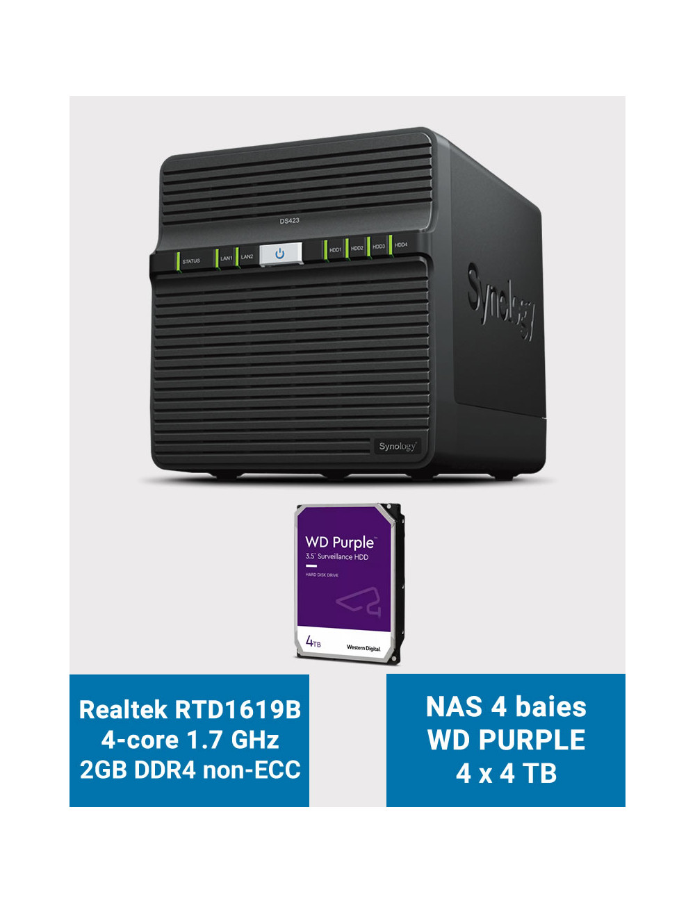 Synology DS423 2GB Serveur NAS WD PURPLE 16To (4x4To)