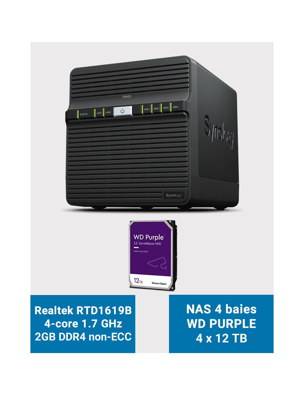 Synology DS423 2GB Serveur NAS WD PURPLE 48To (4x12To)