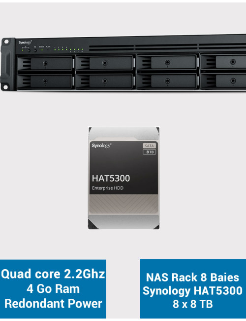 Synology RS1221RP+ Serveur NAS Rack (2 PSU) HAT5300 64To (8x8To)