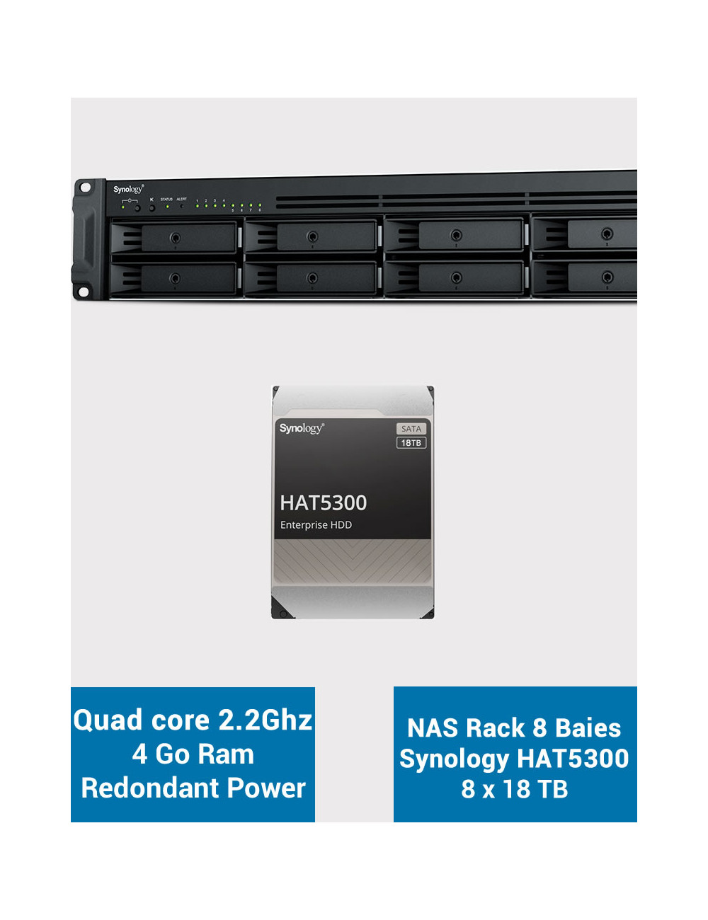 Synology RS1221RP+ Serveur NAS Rack (2 PSU) HAT5300 144To (8x18To)