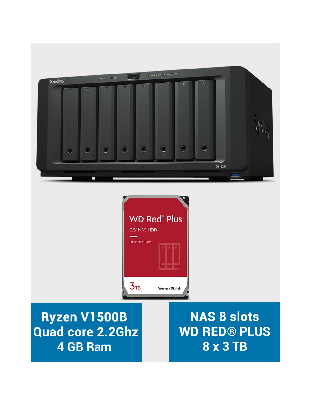 Synology DS1821+ Serveur NAS 8 baies WD RED PLUS 24To (8x3To)