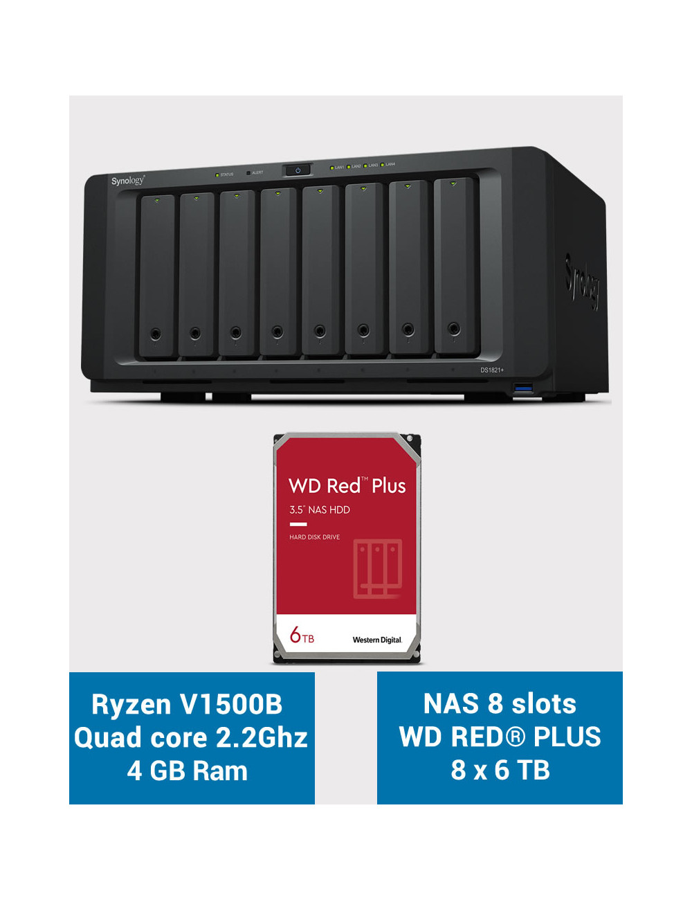 Synology DS1821+ Serveur NAS 8 baies WD RED PLUS 48To (8x6To)