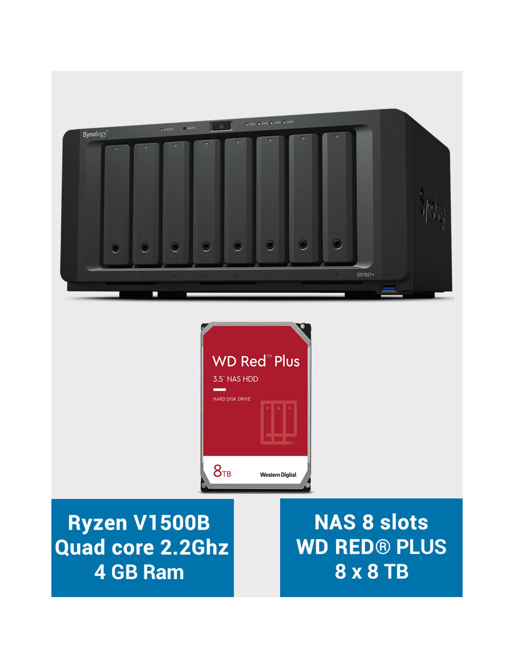 Synology DS1821+ Serveur NAS 8 baies WD RED PLUS 64To (8x8To)