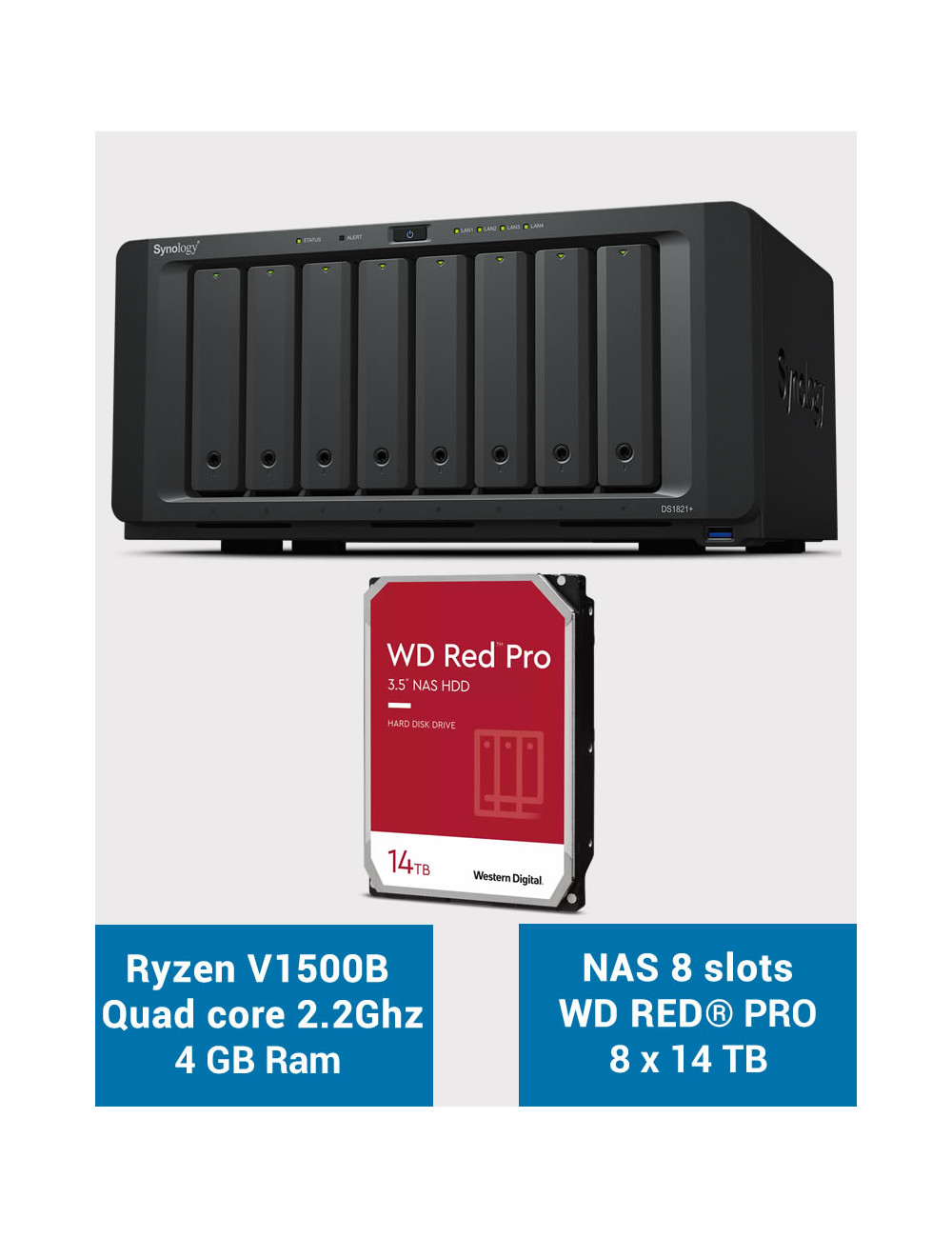 Synology DS1821+ Serveur NAS 8 baies WD RED PRO 112To (8x14To)