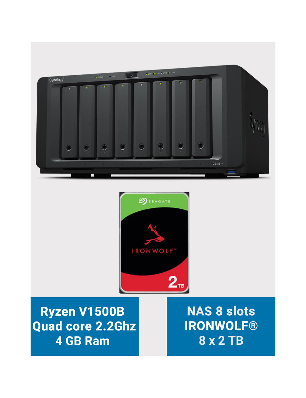 Synology DS1821+ Serveur NAS 8 baies IRONWOLF 16To (8x2To)