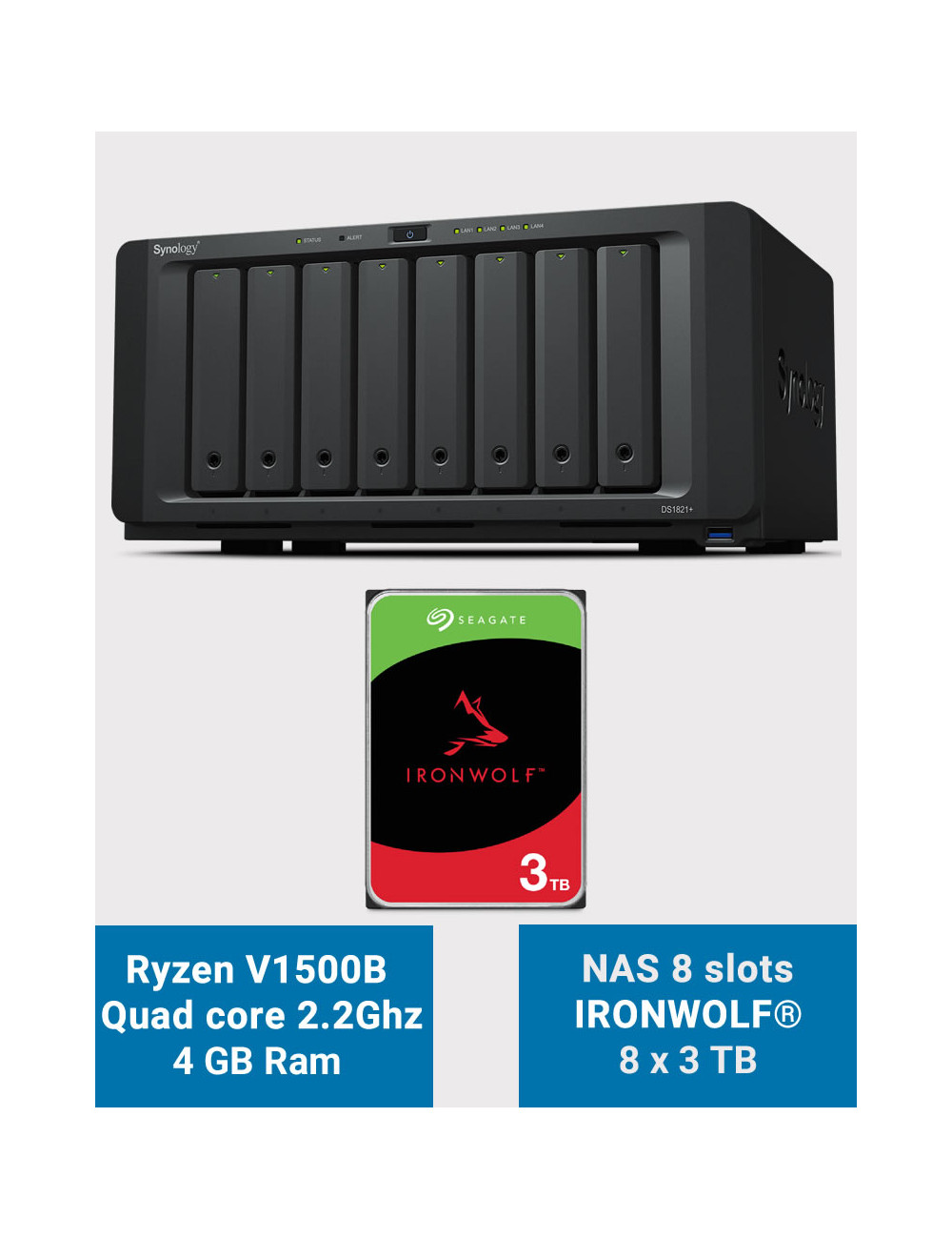 Synology DS1821+ Serveur NAS 8 baies IRONWOLF 24To (8x3To)