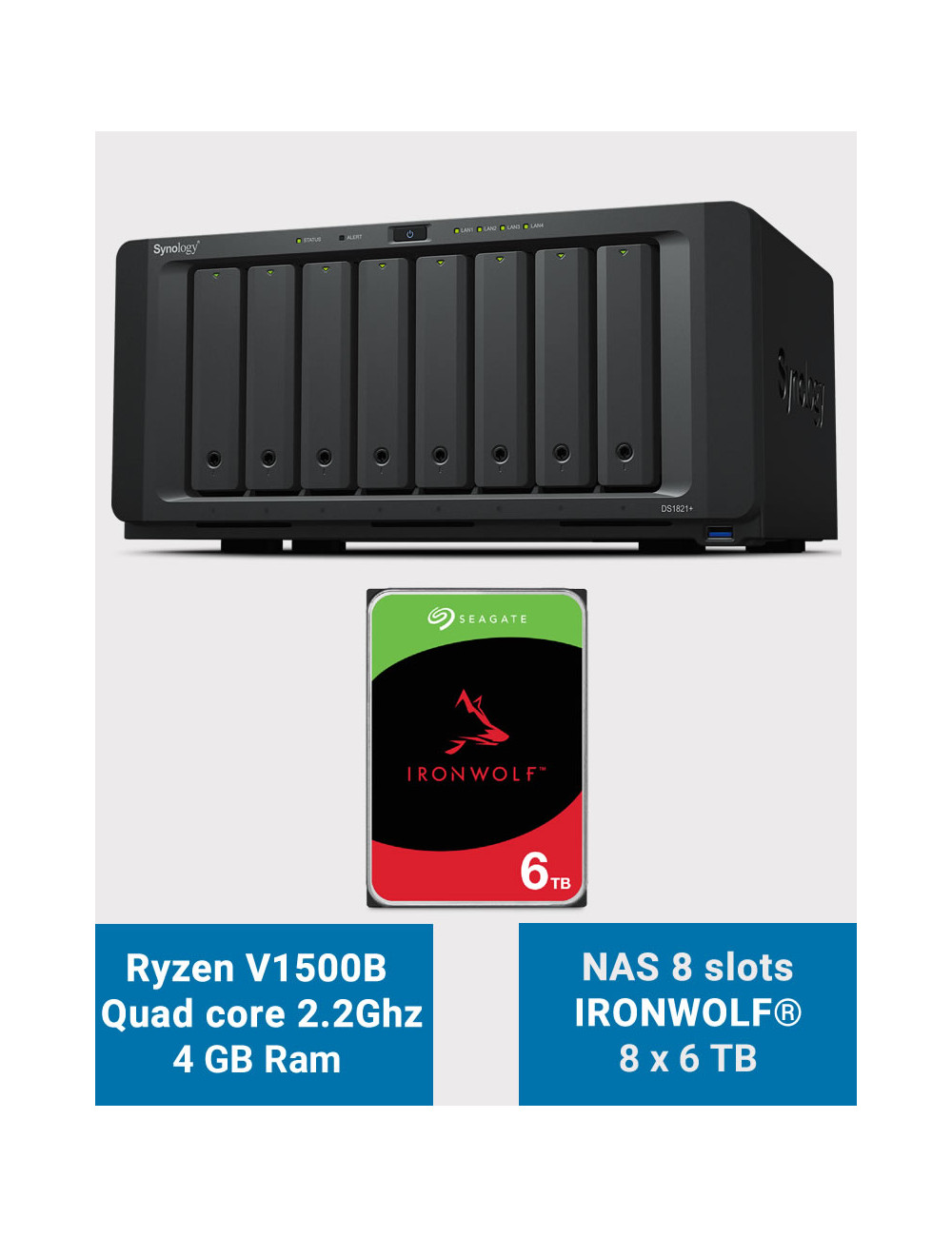 Synology DS1821+ Serveur NAS 8 baies IRONWOLF 48To (8x6To)
