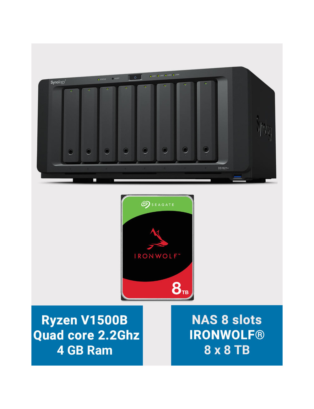 Synology DS1821+ Serveur NAS 8 baies IRONWOLF 64To (8x8To)