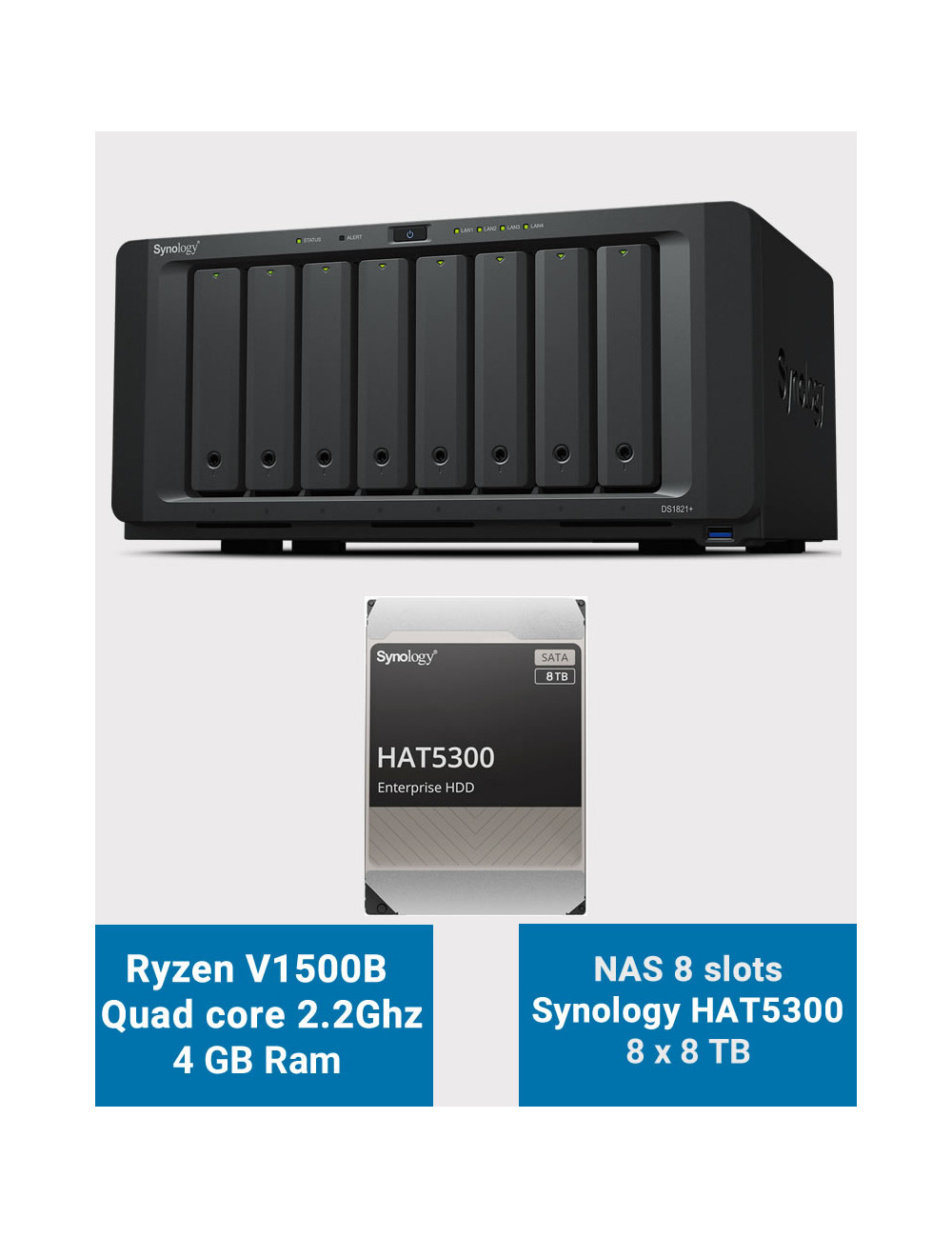Synology DS1821+ Serveur NAS 8 baies HAT5300 64To (8x8To)