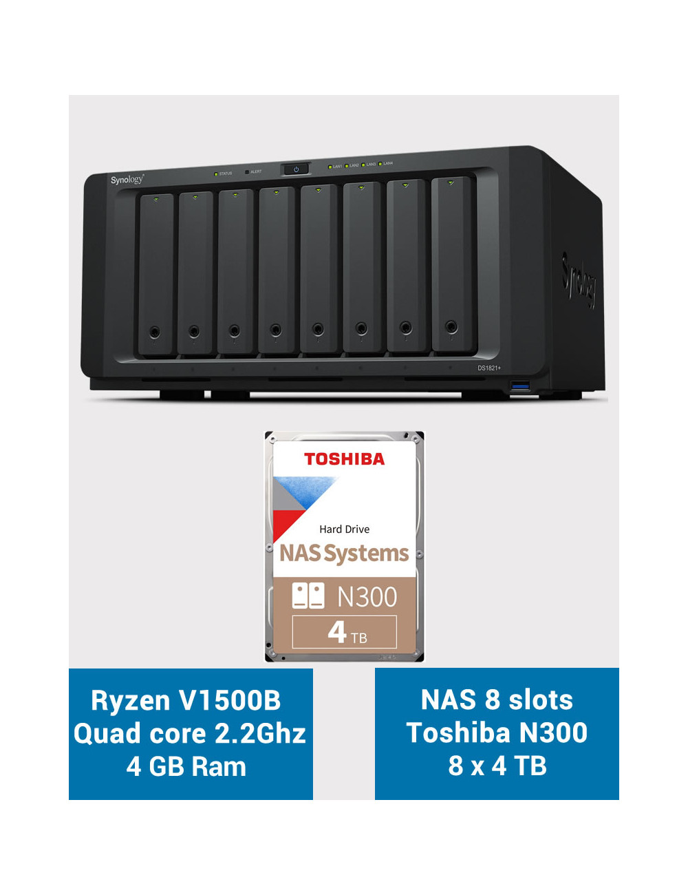 Synology DS1821+ Serveur NAS 8 baies Toshiba N300 32To (8x4To)