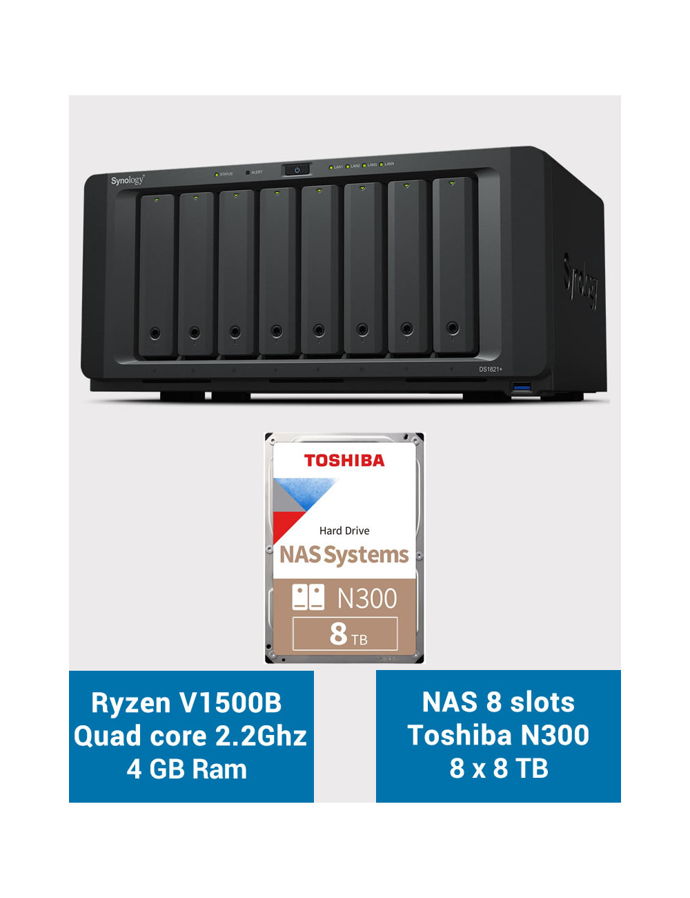 Synology DS1821+ Serveur NAS 8 baies Toshiba N300 64To (8x8To)