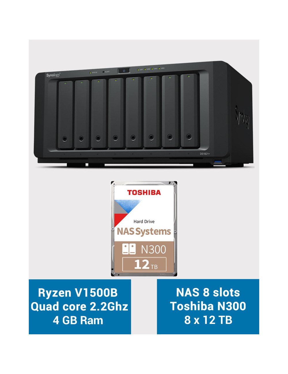 Synology DS1821+ 8-bay NAS Server Toshiba N300 96TB (8x12TB)