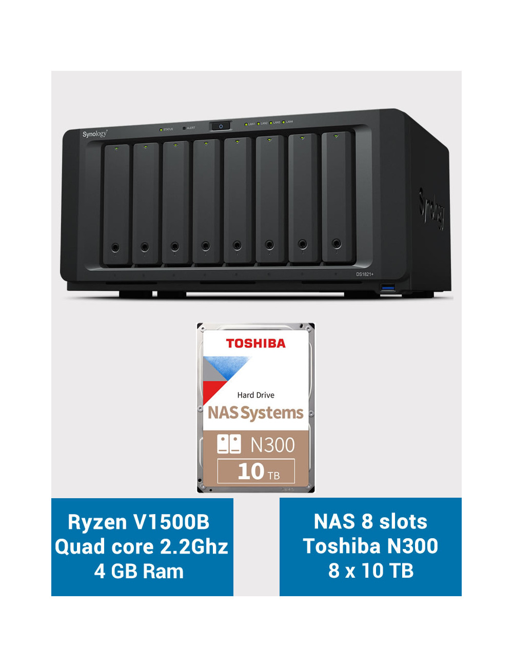 Synology DS1821+ Servidor NAS de 8 bahías Toshiba N300 80TB (8x10TB)