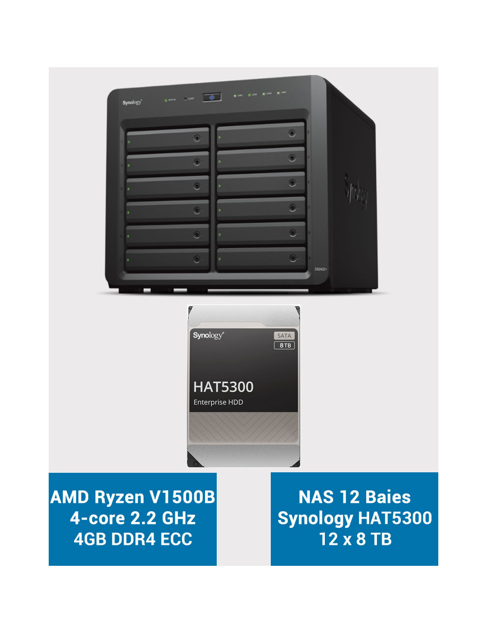 Synology DS2422+ Serveur NAS 12 baies HAT5300 96To (12x8To)