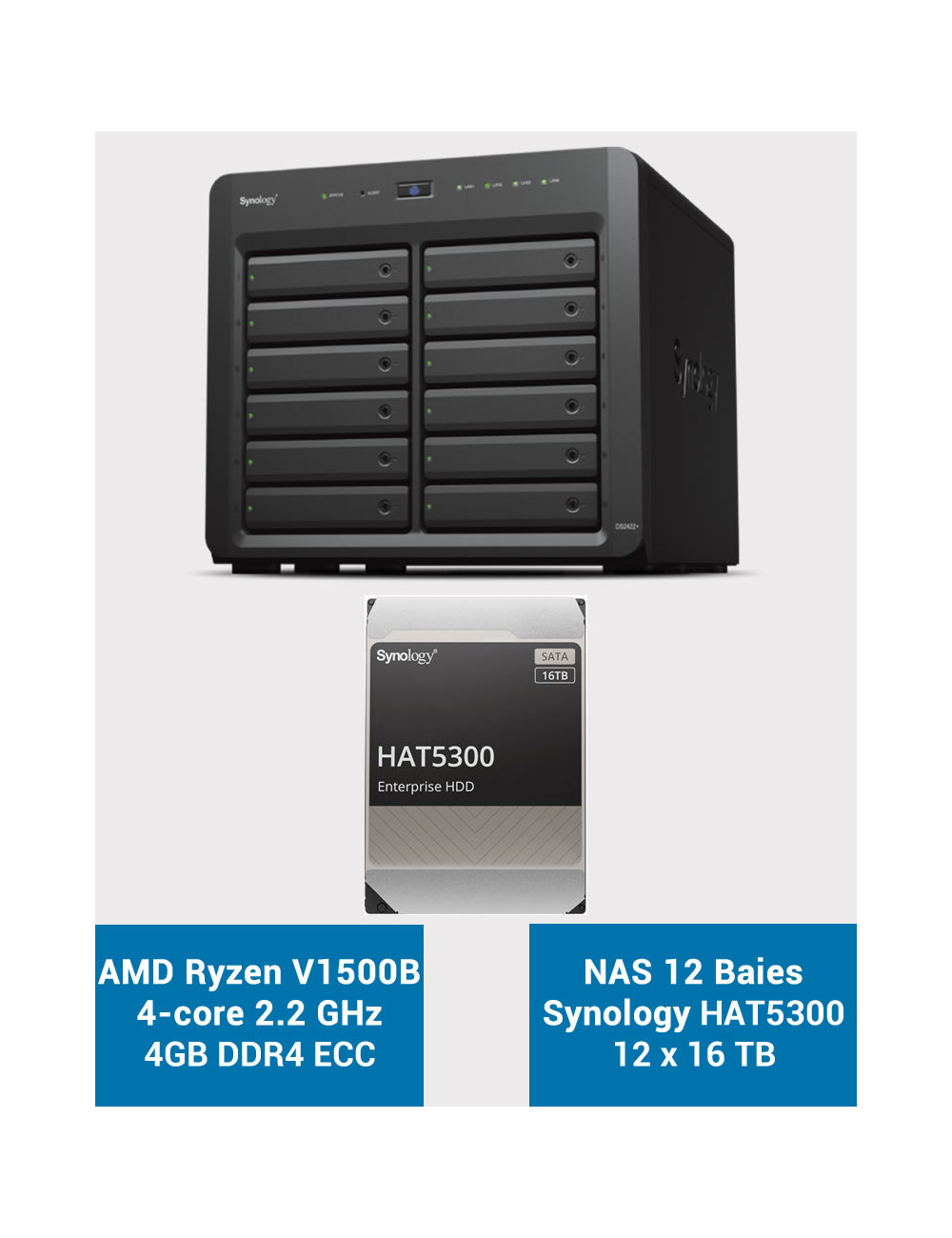 Synology DS2422+ 4Go Serveur NAS 12 baies HAT5300 192To (12x18To)