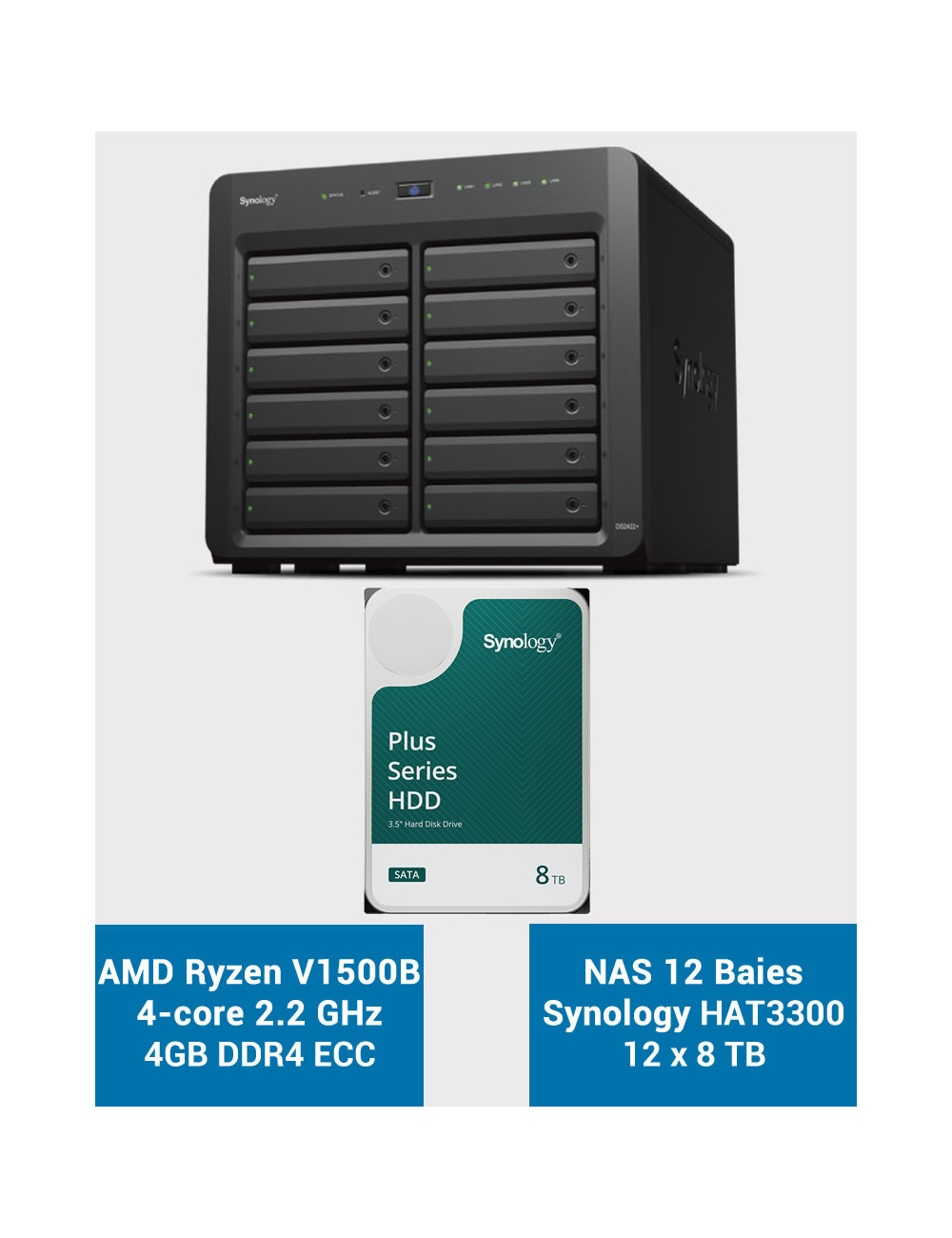 Synology DS2422+ Serveur NAS 12 baies HAT3300 96To (12x8To)