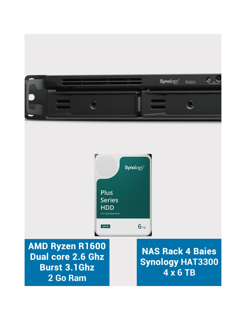 Synology RS422+ Serveur NAS Rack 1U 4 baies HAT3300 24To (4x6To)