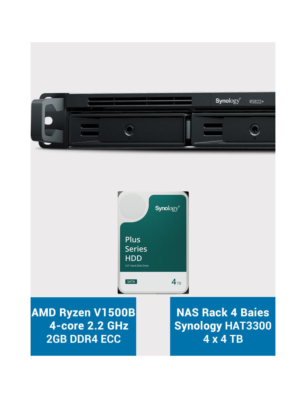 Synology RS822+ 2Go Serveur NAS Rack 1U HAT3300 16To (4x4To)