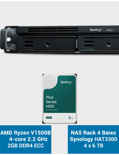 Synology RS822+ 2Go Serveur NAS Rack 1U HAT3300 24To (4x6To)