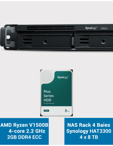 Synology RS822+ 2Go Serveur NAS Rack 1U HAT3300 32To (4x8To)