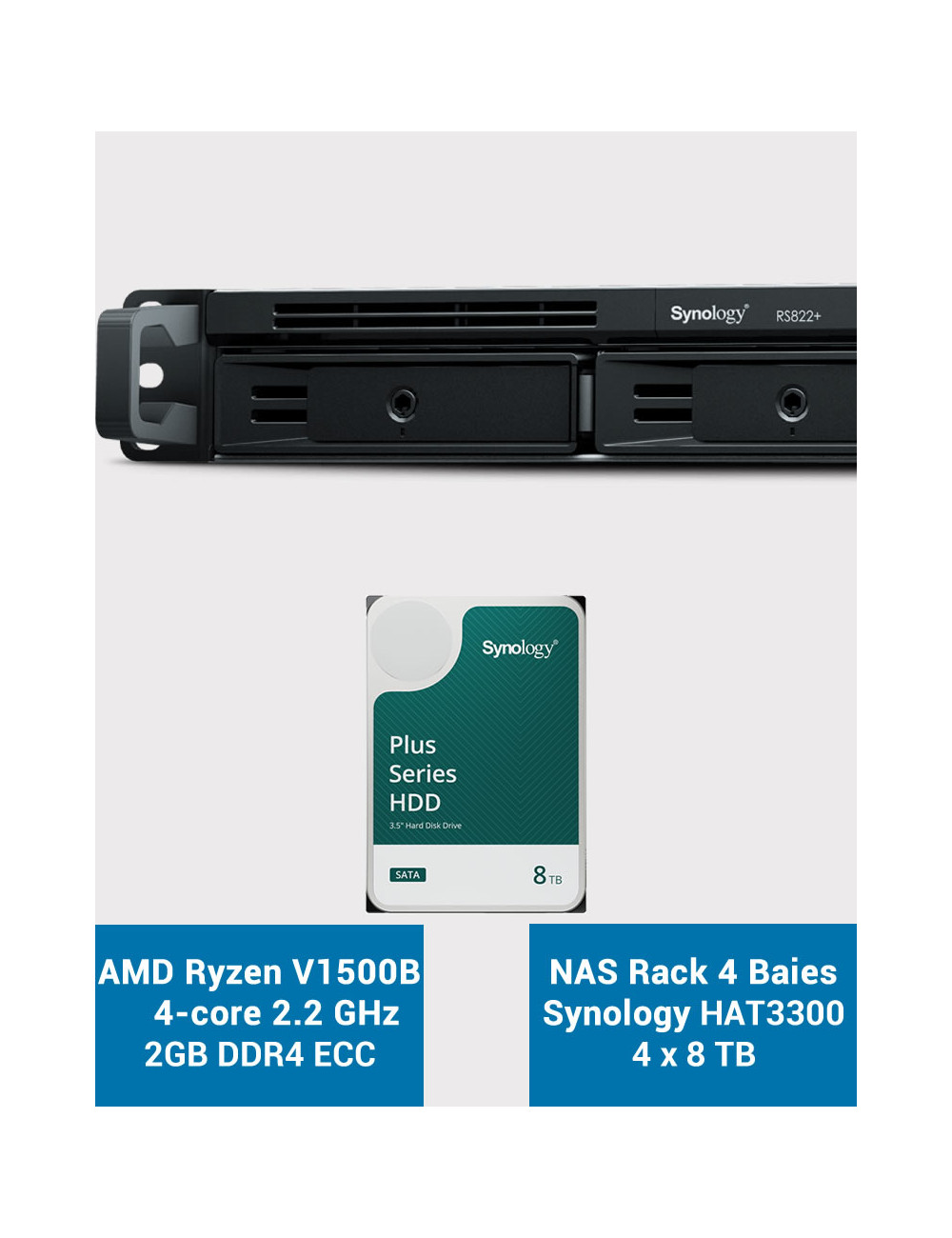 Synology RS822+ 2Go Serveur NAS Rack 1U HAT3300 32To (4x8To)