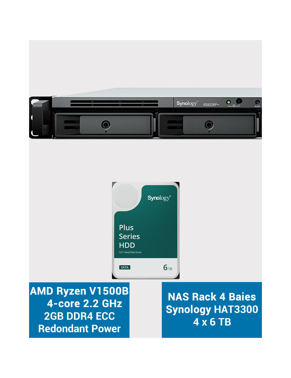 Synology RS822RP+ 2Go Serveur NAS Rack 1U HAT3300 24To (4x6To)