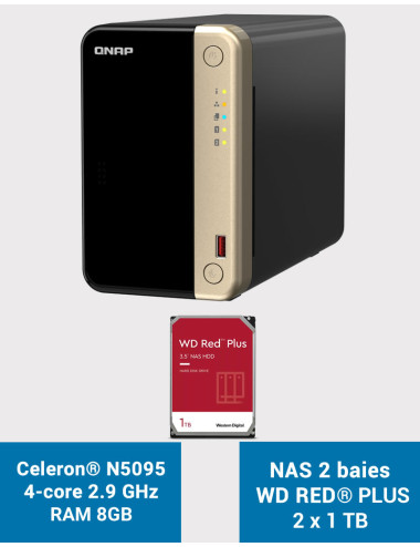 QNAP TS-264 8GB Serveur NAS 2 baies WD RED PLUS 2To (2x1To)