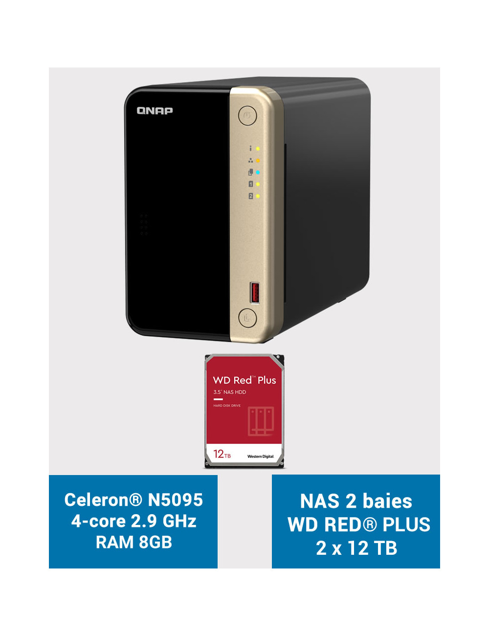 QNAP TS-264 8GB Serveur NAS 2 baies WD RED PLUS 24To (2x12To)