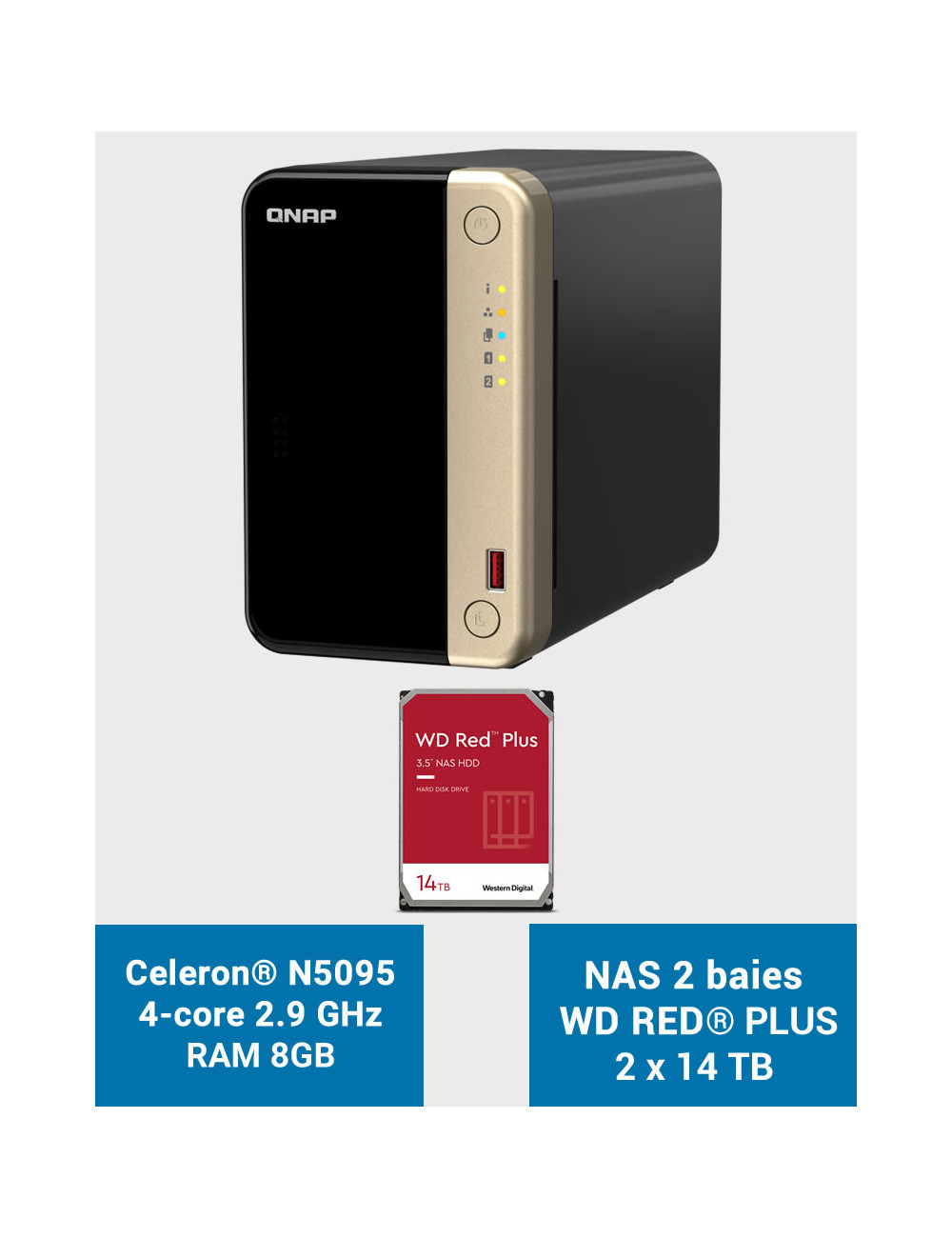 QNAP TS-264 8GB Serveur NAS 2 baies WD RED PLUS 28To (2x14To)