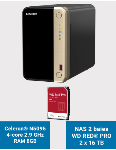 QNAP TS-264 8GB Servidor NAS 2 bahías WD RED PRO 32TB (2x16TB)
