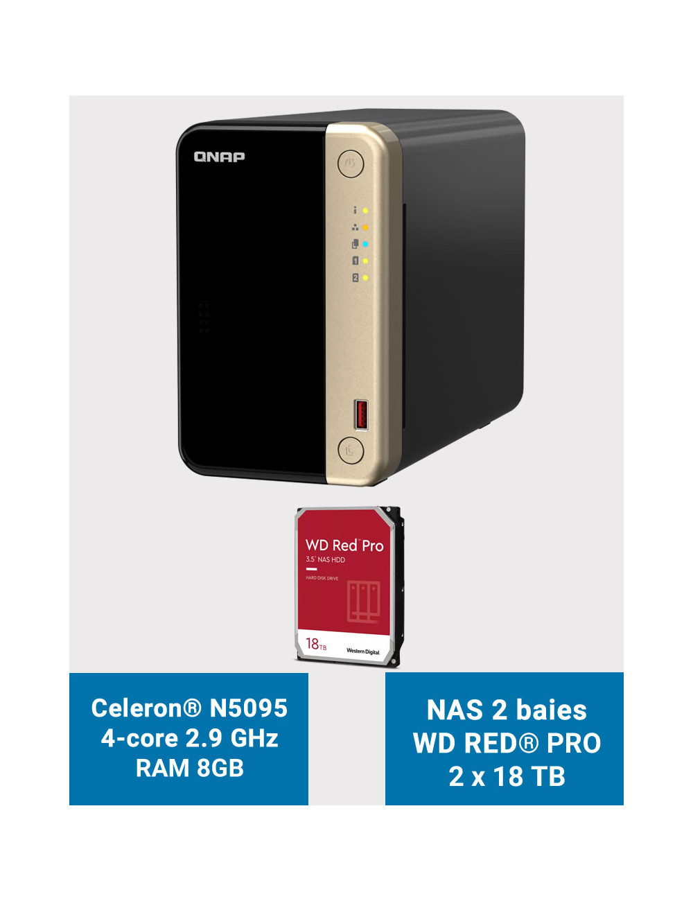 QNAP TS-264 8GB Serveur NAS 2 baies WD RED PRO 36To (2x18To)