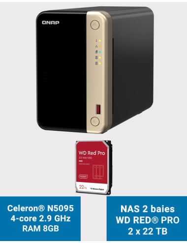 QNAP TS-264 8GB Servidor NAS 2 bahías WD RED PRO 44TB (2x22TB)