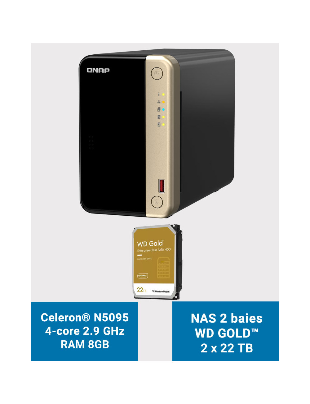 QNAP TS-264 8GB Servidor NAS 2 bahías WD GOLD 44TB (2x22TB)