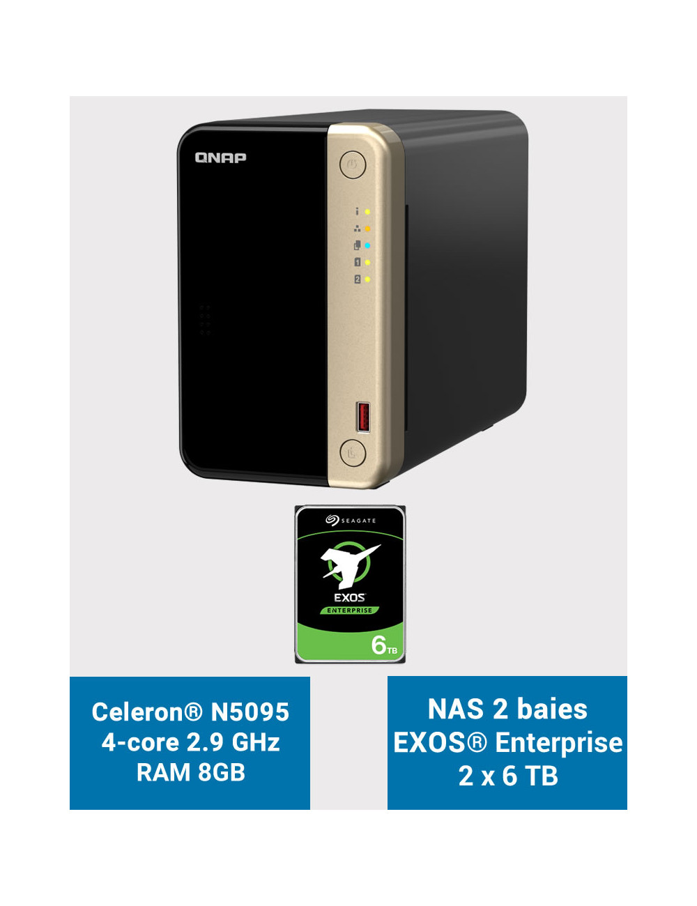 QNAP TS-264 8GB Serveur NAS 2 baies EXOS Enterprise 12To (2x6To)