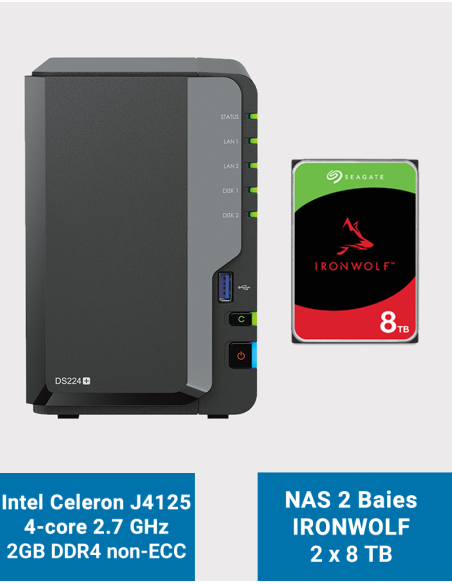 Synology DiskStation DS224+ 2Go Serveur NAS IRONWOLF 16To (2x8To)