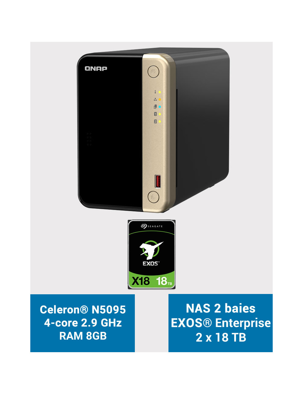 QNAP TS-264 8GB Serveur NAS 2 baies EXOS Enterprise 36To (2x18To)