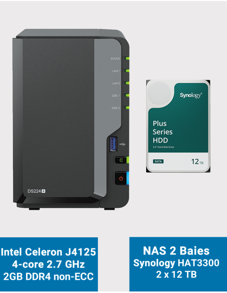 Synology DiskStation DS224+ 2Go Serveur NAS HAT3300 24To (2x12To)