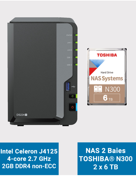 Synology DiskStation DS224+ 2GB Servidor NAS Toshiba N300 12TB (2x6TB)