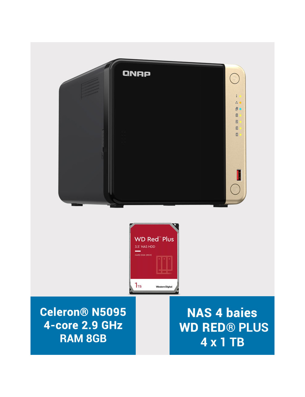 QNAP TS-464 8GB Serveur NAS 4 baies WD RED PLUS 4To (4x1To)