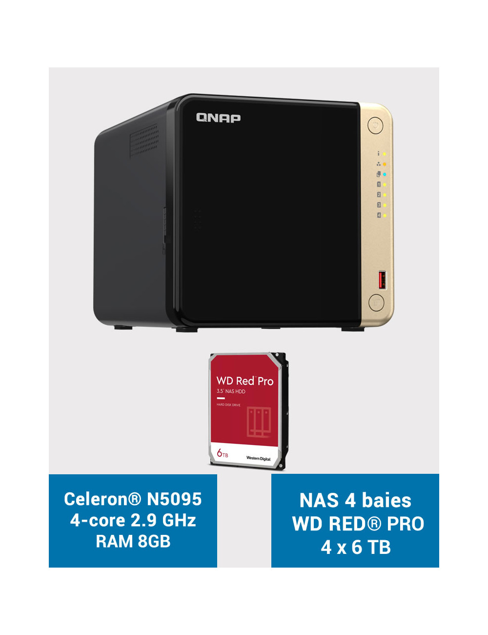 QNAP TS-464 8GB Serveur NAS 4 baies WD RED PRO 24To (4x6To)