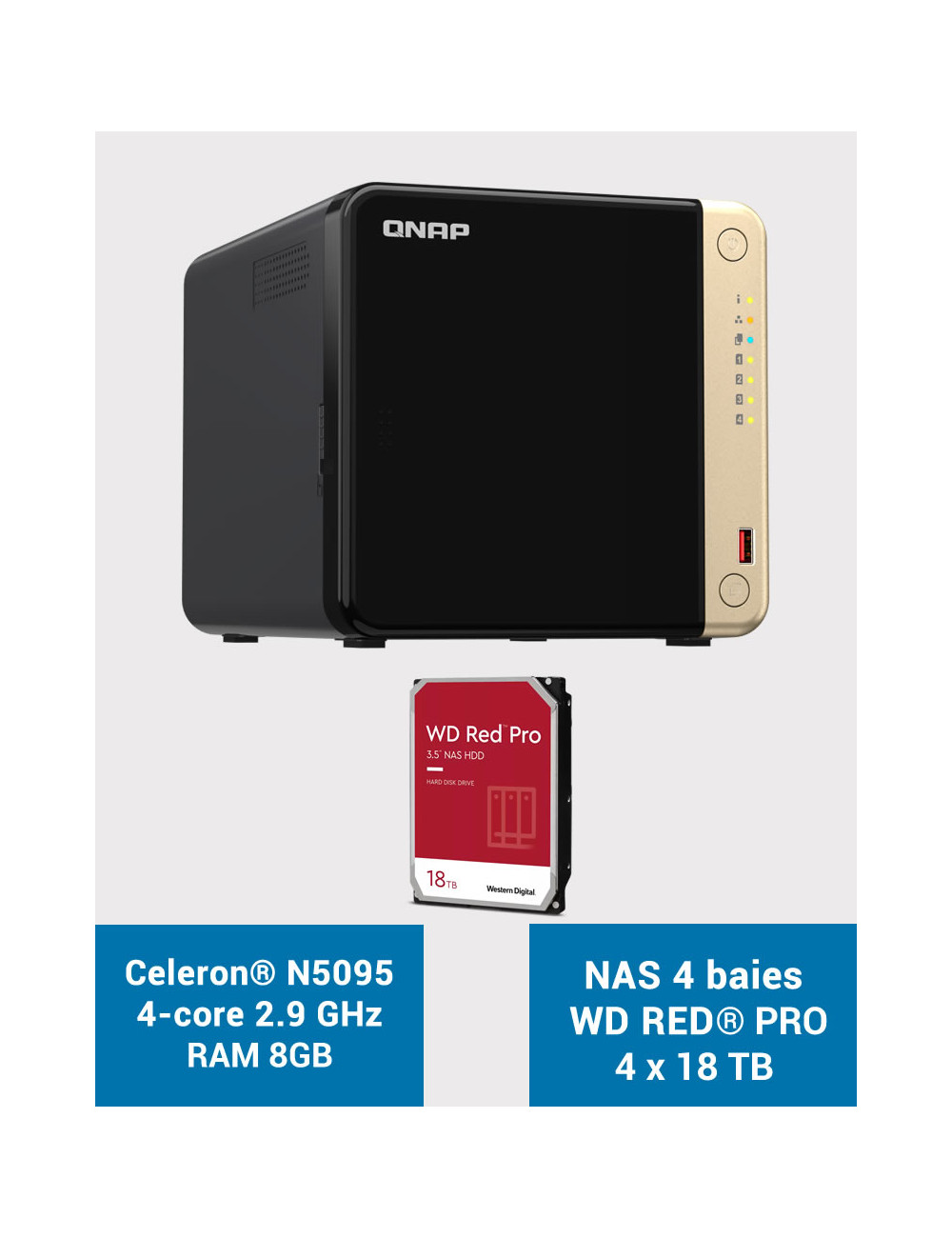QNAP TS-464 8GB Serveur NAS 4 baies WD RED PRO 72To (4x18To)